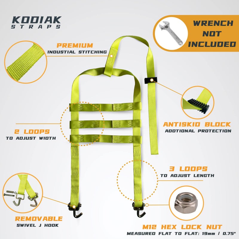 KODIAK STRAPS Adjustable Wheel Net Tow Basket Straps with Swivel J Hooks (2 Pack) - Universal for 14""-22"" Tires - Strap for Dolly with Ratchet or Winches  10 000lbs Break Strength - Image 3